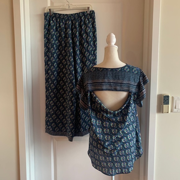 BCBG MaxAzria Adonia Canvas Printed Blouse & Wide Leg Pant Medium Beach Coastal - Picture 6 of 12